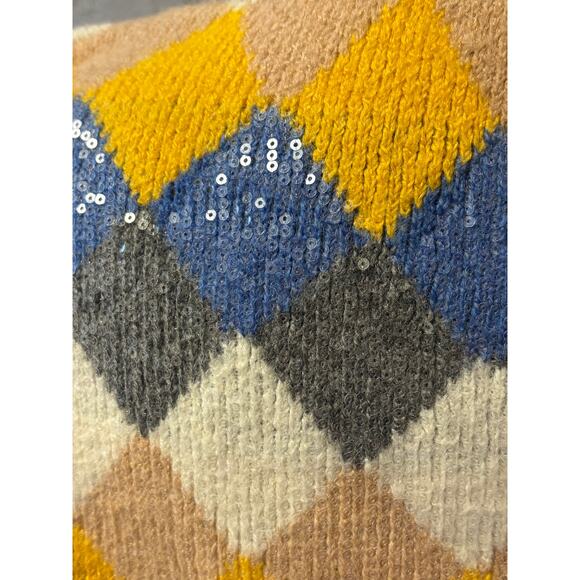 Zara Knit Cropped Argyle Sweater Sequin Detail Gray Yellow Blue Small - Picture 6 of 7